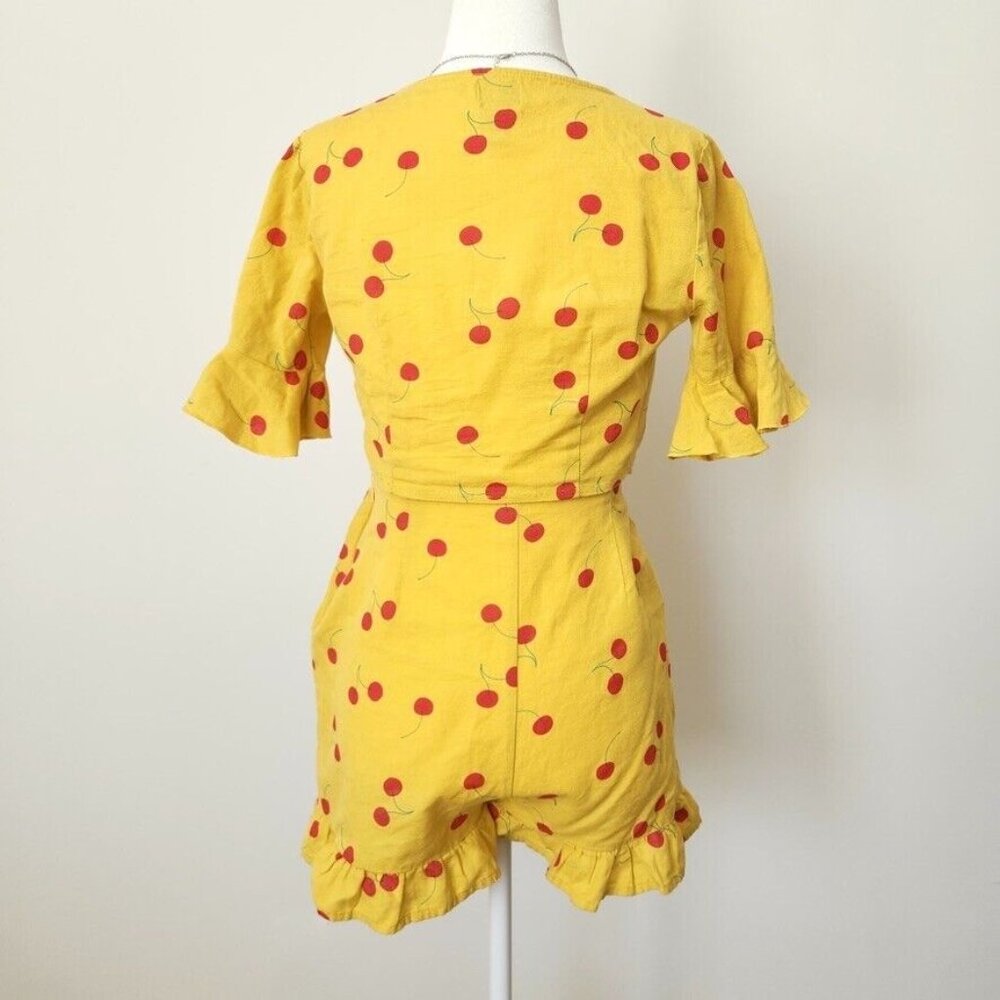 ASOS Cherry Linen Two Piece Set Size 0 Yellow Red Crop Top Shorts Ruffle Boho - Picture 5 of 16